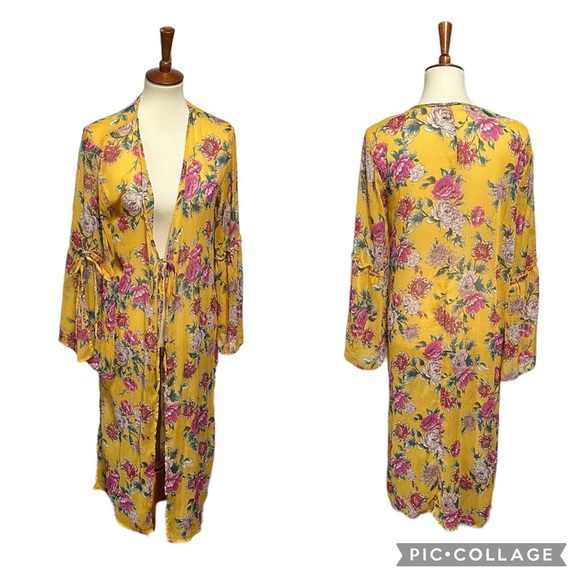 Band of Gypsies Sheer Floral Maxi Split Hem Swim Coverup Kimono Bell Sleeve S - Picture 2 of 9